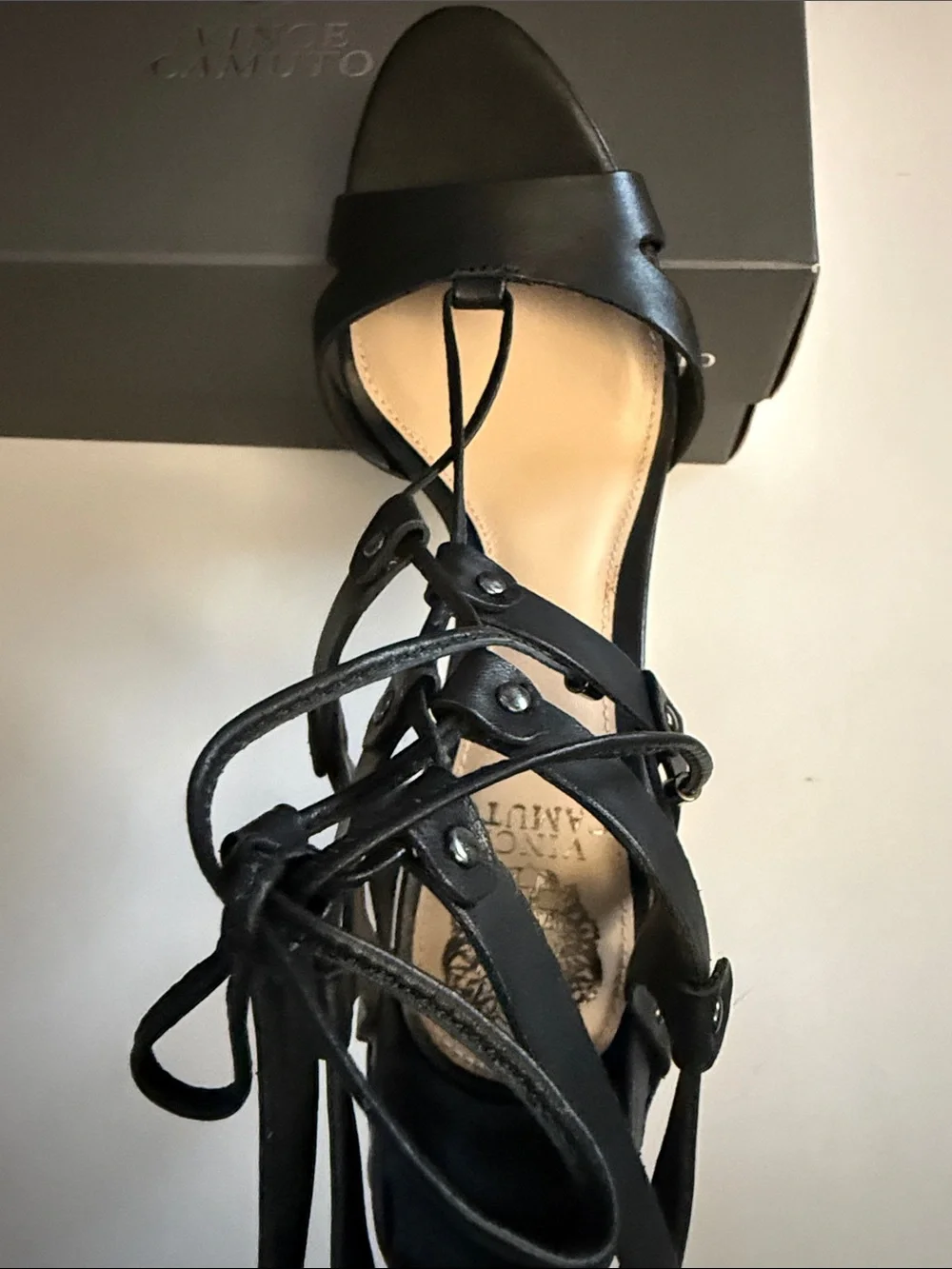 NWT VINCE CAMUTO CLARAN Black Leather Lace-Up High Heel Sandals, 9/39